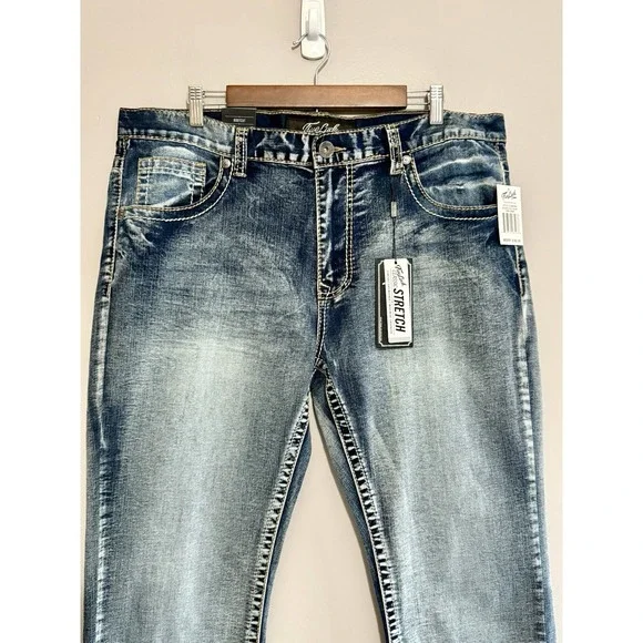 True Luck Mens Bootcut Jeans Flap Pockets Thick Stitch Western Embroidered 38x30 - Picture 3 of 16